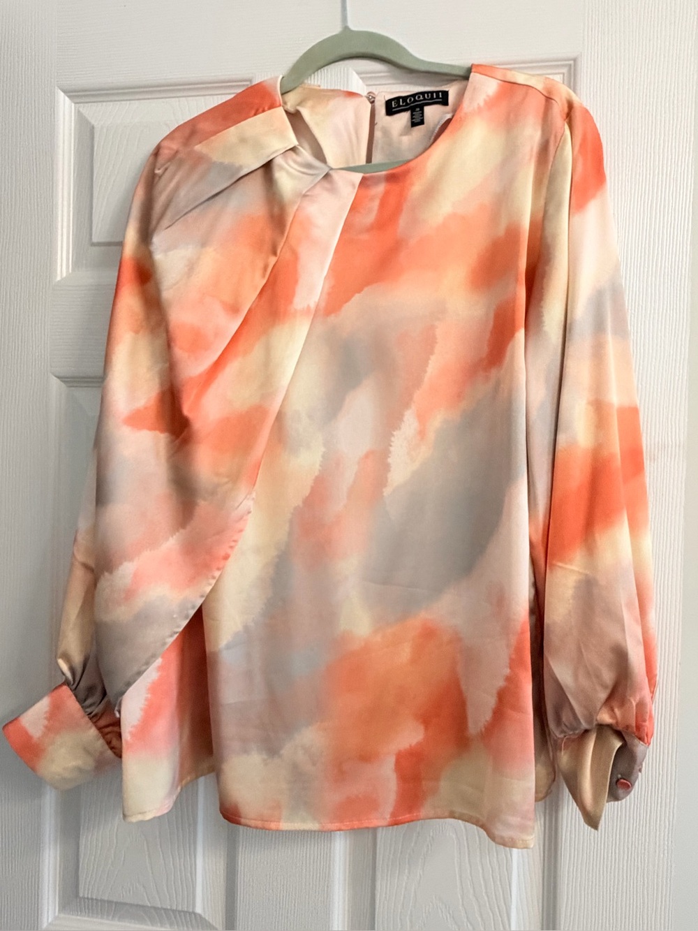 Eloquii Coral and Cream Watercolor Draped Long-Sleeve Blouse